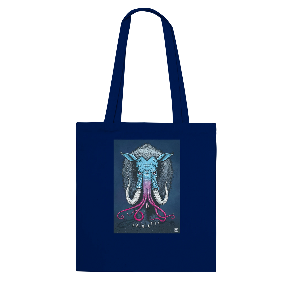 Marineblaue Baumwolltasche mit der Illustration «Baku» von Mik Rothenbühler 