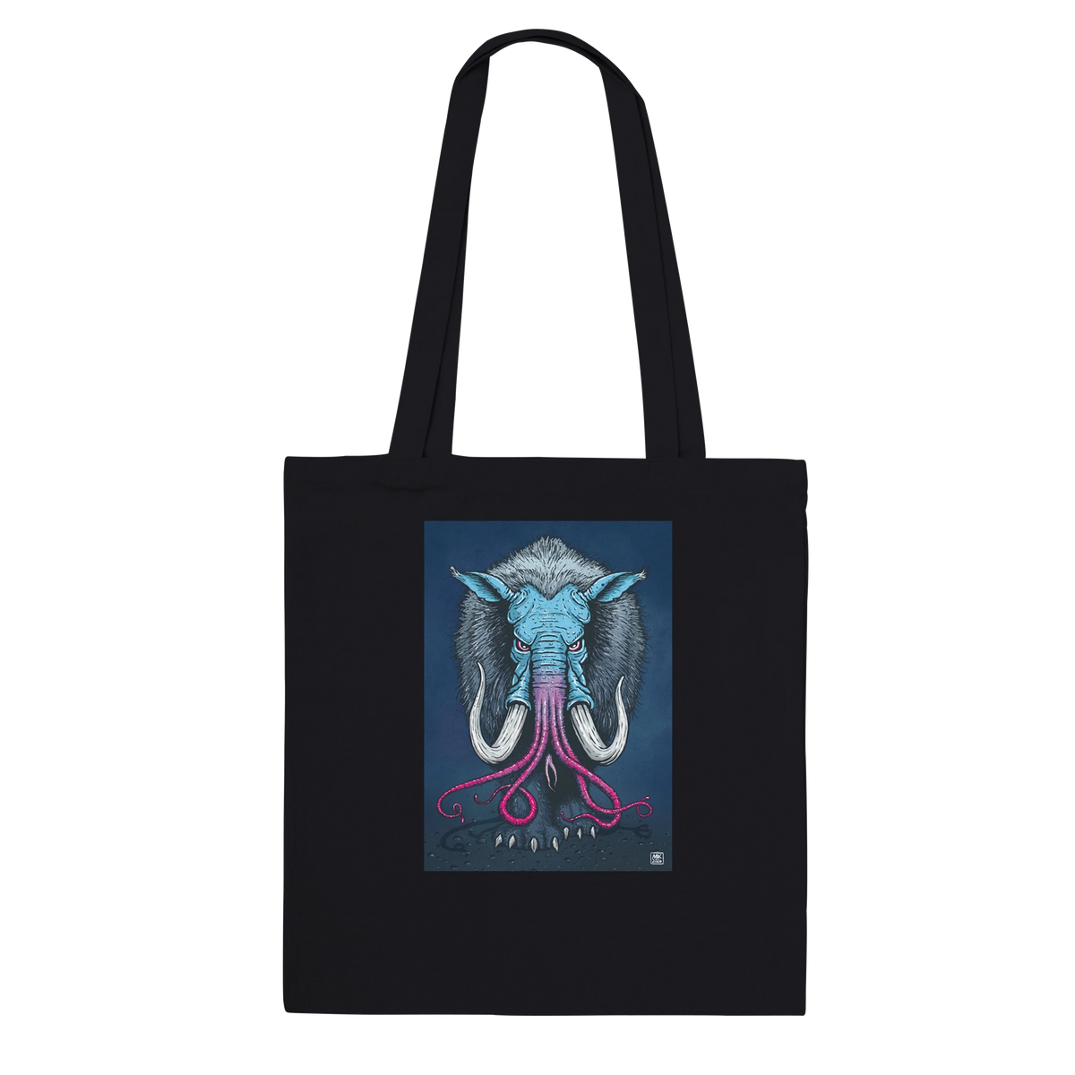 Schwarze Baumwolltasche mit der Illustration «Baku» von Mik Rothenbühler